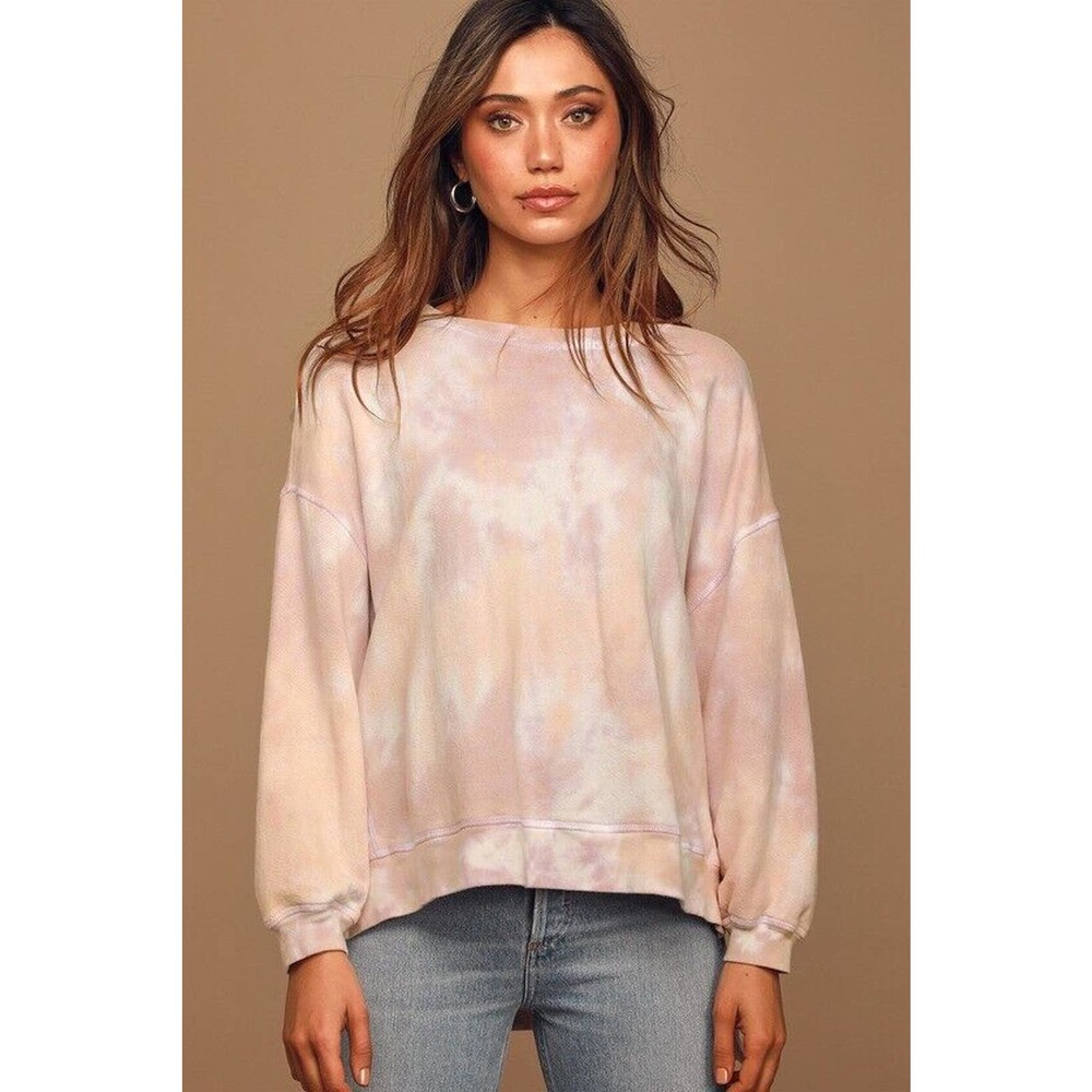 NEW Found Los Angeles Tie Dye Sweatshirt Blush Roses Shadow Sleeve Pullover Sz L
